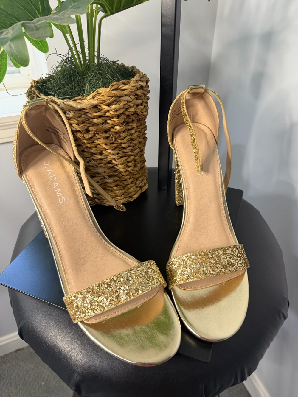 Adams Gold Glitter Block Heel Sandals with Metallic Toe